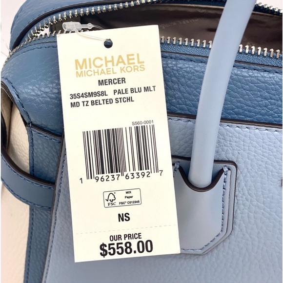 Michael Kors Mercer Medium Belted Satchel Crossbody Pale Blue Multi - Picture 12 of 12
